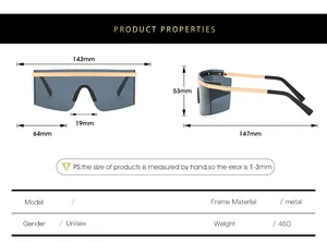 Diagramme technique détaillant les dimensions des lunettes de soleil et le cadre en métal