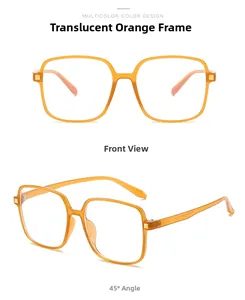 Detailansichten von transparenten orangen TR90 quadratischen Brillen von vorne und 45 Grad