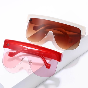Oversized wrap-around fashion sunglasses in white and red frames with gradient lenses