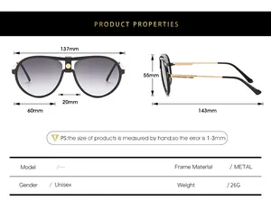Detailed size specifications of aviator sunglasses with metal frame and gradient lenses