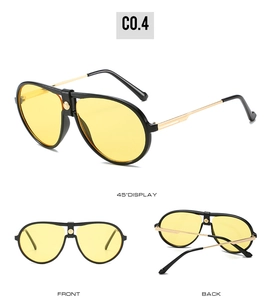 Multiple views showing yellow aviator lenses with black frame and gold metal temples