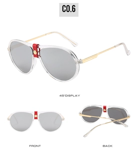 Three views of aviator sunglasses with red leather strap, gold rivets, and clear frame