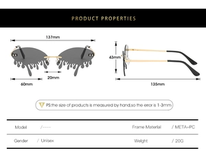 Detailed size chart and technical specifications for tear-shaped creative sunglasses