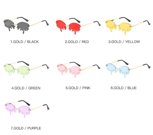 Melting droplet rimless sunglasses in seven colors with sleek gold metal temples