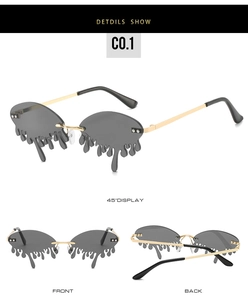 Three-way view of unique melting tear-shaped rimless sunglasses with gold metal temples