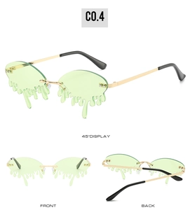 Three-angle display of melting tear drop rimless sunglasses with light green lenses