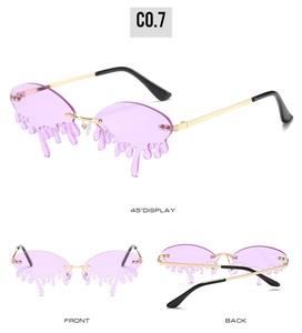 Three-way view of purple teardrop melting effect rimless sunglasses with gold metal frame