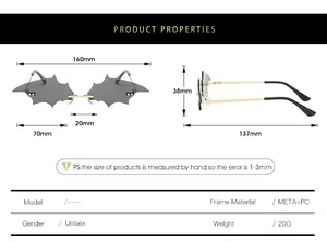 Size chart showing dimensions for bat-shaped sunglasses with frame and lens measurements