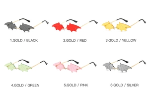 Set of six colorful bat-shaped sunglasses with gold frames for Halloween and party wear