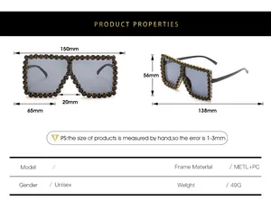 Detailed size specifications for oversized square sunglasses with crystal rhinestones