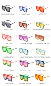 Detailed catalog of oversized square rhinestone sunglasses in 18 trendy gradient colors
