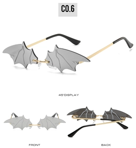 Three-view display of bat-shaped rimless sunglasses with dark lenses and gold temples