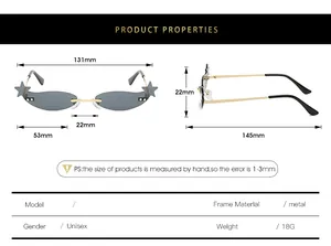 Detailed size chart for star-decorated slim metal sunglasses with full measurements