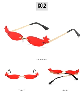 Front and back detail views of star shaped rimless sunglasses with red lenses