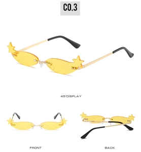 Three views of yellow star-shaped rimless party sunglasses with gold metal temples