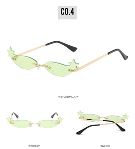 Detailed three-way view of star-accented wavy sunglasses with green lenses and gold frame