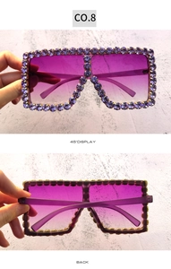 Detailed 45-degree and back view of purple square sunglasses with luxury rhinestone inlay