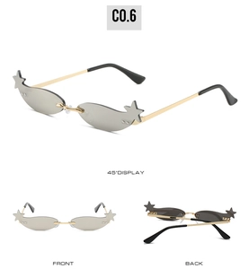 Detailed view of grey star-shaped sunglasses with golden metal frames from three angles