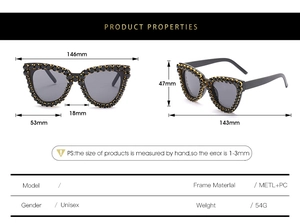 Detailed cat-eye sunglasses size guide with black crystals and dimensions specifications