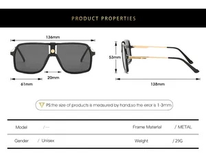 Detailed size chart for oversized square sunglasses showing frame and lens dimensions