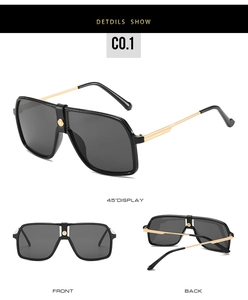 Multi-angle views of black oversized pilot sunglasses with gold metal temples