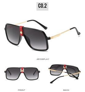 Detailed views of oversized square sunglasses with gold metal temples and red leather bridge