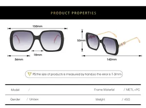 Detailed size chart for oversized square sunglasses featuring pearls and metal frame specs