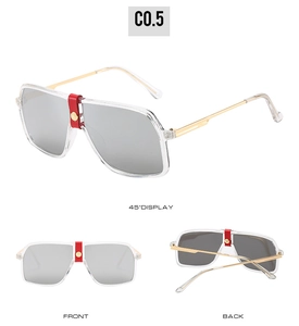 Oversized silver mirror sunglasses with unique red leather bridge detail and gold temples