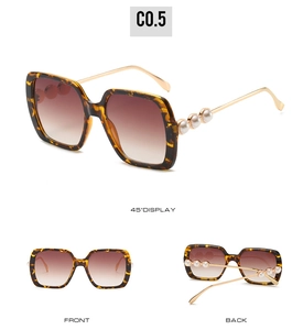 Detailed views of square tortoiseshell sunglasses featuring elegant pearl metal temples