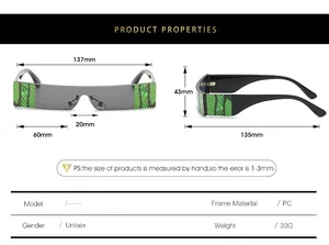 Detailed size specifications for rectangular snake pattern sunglasses with PC frame
