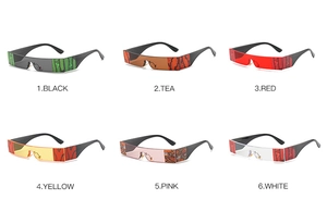 Detailed view of rectangular sunglasses in six colors with snake pattern on temples