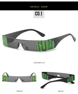 Detailed views of rectangle sunglasses featuring unique green snakeskin texture on temples