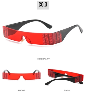 Detailed views of red wrap-around sunglasses featuring stylish snakeskin texture temples