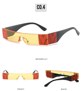 Three-angle view of rectangle sunglasses with yellow lenses and orange side patterns