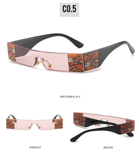 Three-angle display of rectangular sunglasses featuring snakeskin texture and pink lenses