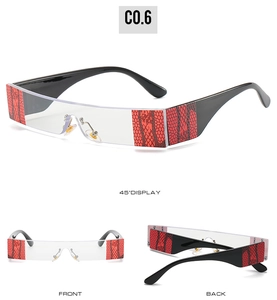 Detailed views of rimless rectangular sunglasses featuring red snake pattern temple accents
