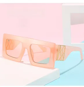 Detail of coral pink oversized sunglasses with gold geometric temple metal accents