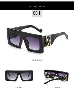 Three-angle view of oversized square sunglasses with purple gradient lenses and gold accents