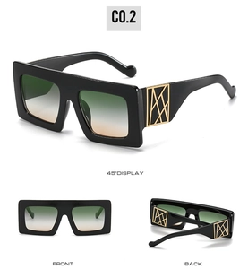Three-way view of large rectangular sunglasses with gradient lenses and gold accents