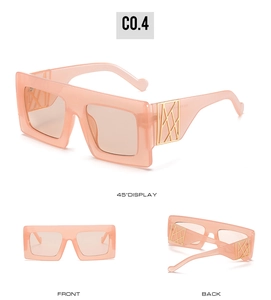 Detailed views of oversized square nude pink sunglasses with geometric gold metal accents