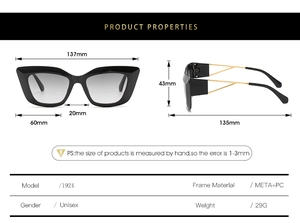 Detailed size specifications for cat-eye sunglasses with metal and PC frame, model 1924