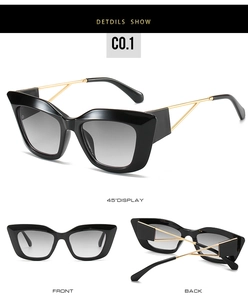 Detailed multi-angle view of black cat-eye sunglasses with slim gold metal temples