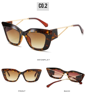 Three angles of tortoise cat-eye sunglasses with slim gold metal temples and red tips