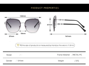 Detailed size chart for unisex rimless hexagonal sunglasses with purple gradient lenses