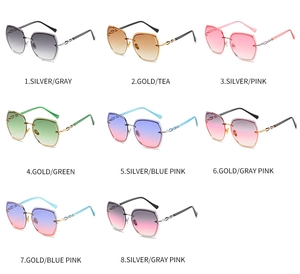 Detailed grid view of rimless sunglasses in eight diverse gradient color options