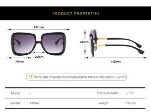 Detailed size specifications for square frame gradient lens sunglasses in black and gold
