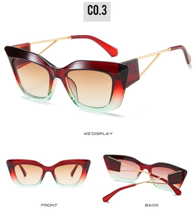 Detailed multi-angle views of cat-eye sunglasses with red-green gradient frames