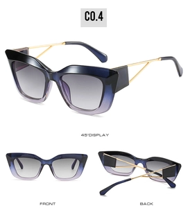 Detailed views of cat-eye sunglasses with gradient blue frames and gold metal temples