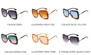 Detailed grid showing six color variants of oversized square sunglasses with gold metal accents