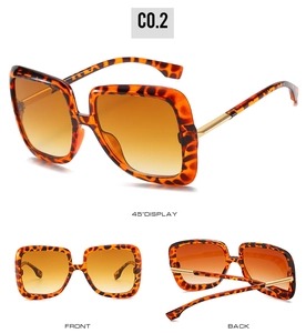 Detailed views of leopard print square sunglasses with gradient lenses and gold accents